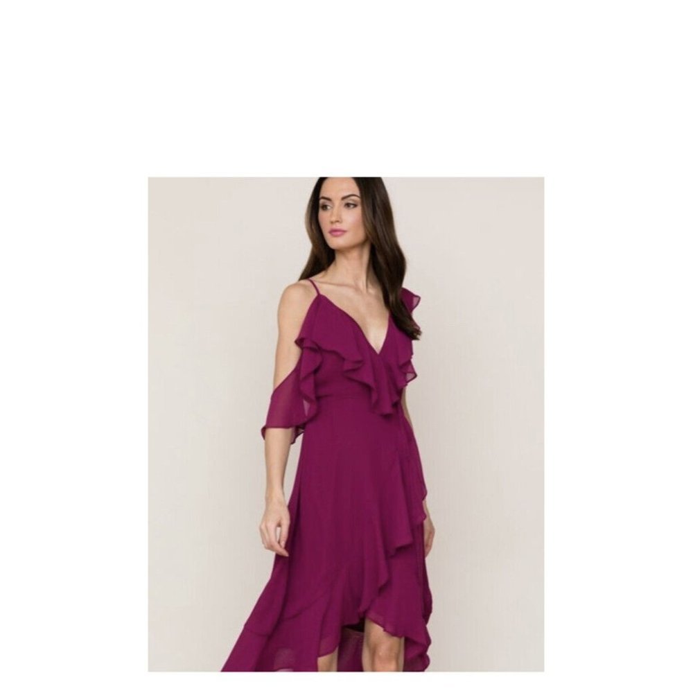 Yumi Kim Womens Cold Shoulder Ruffled Wrap Dress Burgundy Swing Size Small